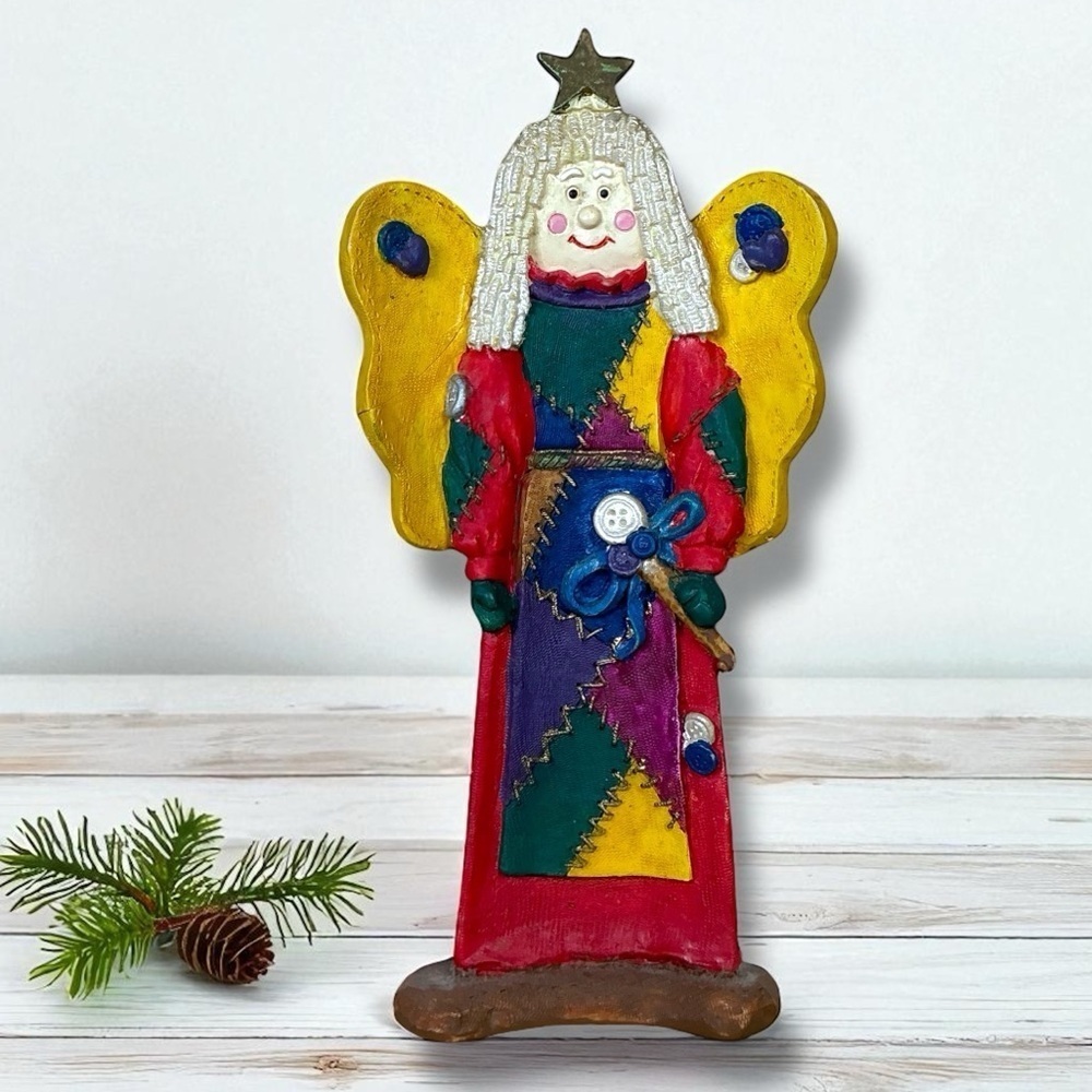 Folk Art Christmas Angel Figurine Star Hand Crafted Polymer Clay Vintage 1990